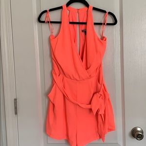 Neon Coral Surplice Romper with Tie Waist